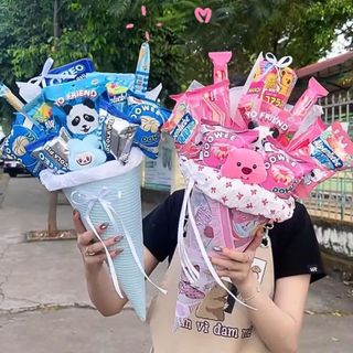Bó Hoa Ốc Quế Bánh Kẹo Xanh Hồng Mix Màu Quà Tặng Kỉ Yếu Siêu Xinh Timo SQ01