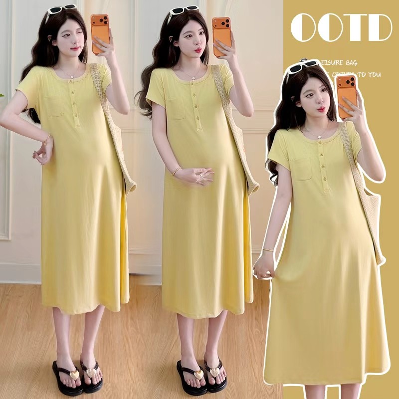 Váy bà bầu mùa hè cổ tròn tay ngắn màu trơn Váy dài dáng rộng