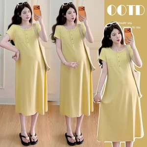Váy bà bầu mùa hè cổ tròn tay ngắn màu trơn Váy dài dáng rộng