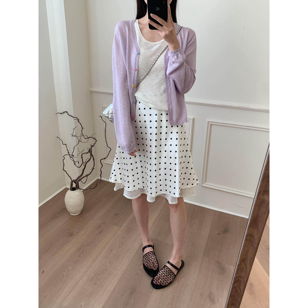 SUXI Váy chấm bi hai lớp Satin chấm bi phong cách Hàn Quốc nhẹ nhàng dành cho nữ mùa hè mới 260509