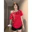 Milky Sweet Girl Dopamine In hoa Áo thun ngắn tay đeo vai xiên dễ thương dành cho nữ mùa hè Áo quây dáng rộng