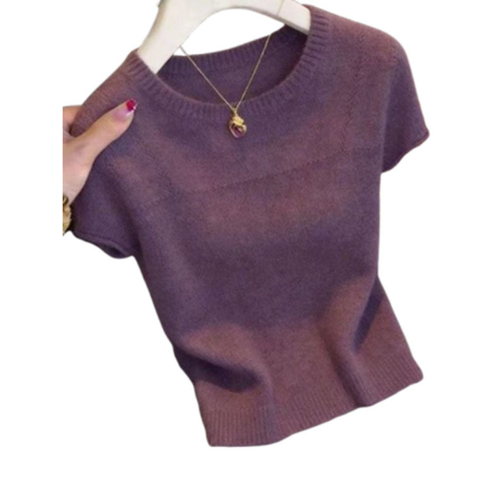 Áo Knitted Tay Ngắn Màu Tím Slim-Fit, Thiết Kế Dệt Kim Phù Hợp Xu Hướng Mới