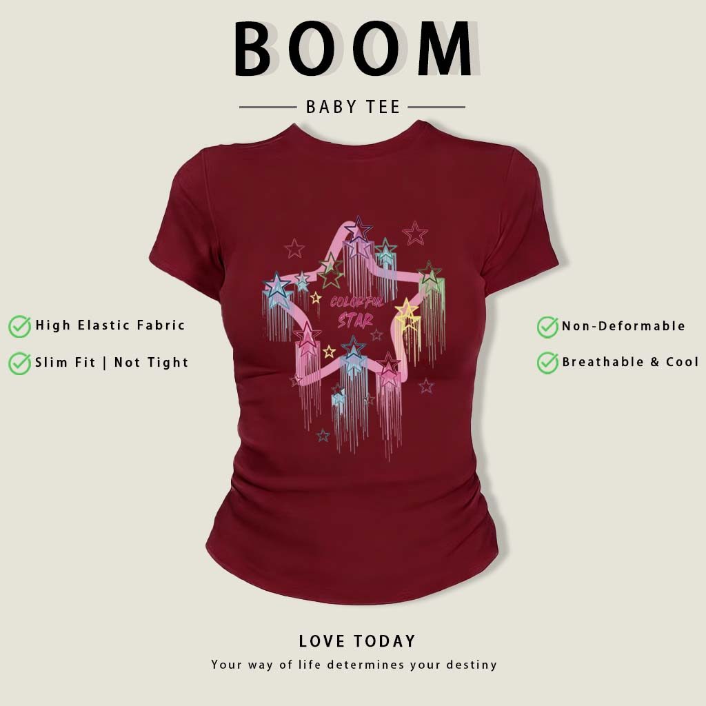 BOOM Áo Baby Tee Nữ Cotton Ôm Body-Áo Thun Ngắn Tay Y2K In Hình PhongCách Mùa Hè, Cổ Tròn Hàng Đầucách hàn quốc phongE70