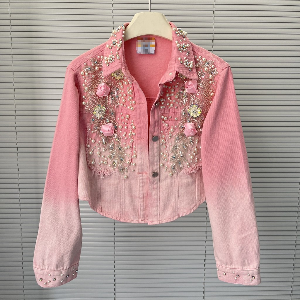 Áo Denim Nữ Công Nghiệp Nặng Đính Hạt, Phong Cách Châu Âu Mới với Họa Tiết Hoa Ba Chiều