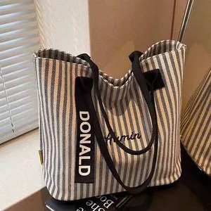 Dung Tích Lớn Canvas 2025 Tất Cả Trận Đấu Sọc Một Vai Học Sinh Đi Lại Tote Di Động 26.4.27