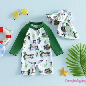Bộ đồ bơi bé trai mới biết đi Bộ đồ bơi cổ tròn dài tay in hình vịt cho bãi biển hồ bơi