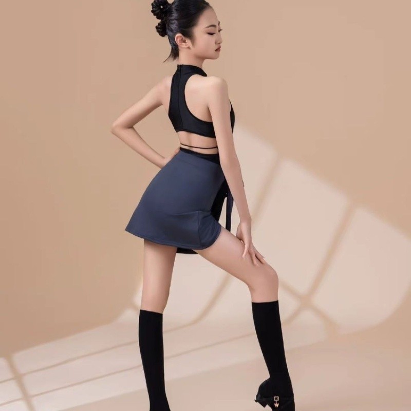 💕Chỗ💕 Chân Váy Khiêu Vũ Latin Tiêu Chuẩn Cuộc Thi Trang Phục Cô gái Cổ Cao Dây Buộc Váy Quấn Vai