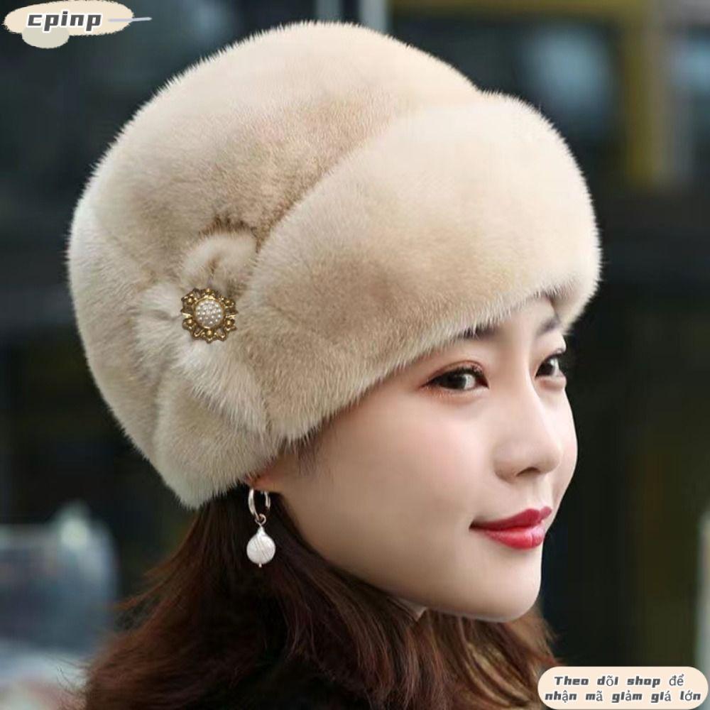 CPINCP Mũ Mùa Đông Nữ, Lông Thỏ Giả Trang Trí Hoa Mũ Xô, Màu Trơn Dày Giữ Ấm Mũ Chống Gió Thu Đông