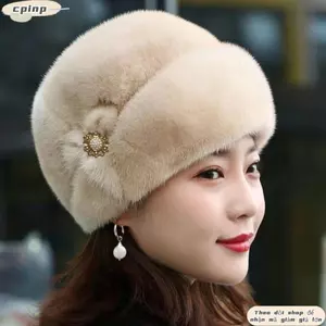 CPINCP Mũ Mùa Đông Nữ, Lông Thỏ Giả Trang Trí Hoa Mũ Xô, Màu Trơn Dày Giữ Ấm Mũ Chống Gió Thu Đông