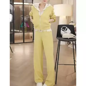 Bộ đồ nữ phổ biến năm nay 2026 Áo nỉ có mũ trùm đầu ren khâu cao cấp mùa xuân + Quần thường ngày Bộ đồ hai mảnh