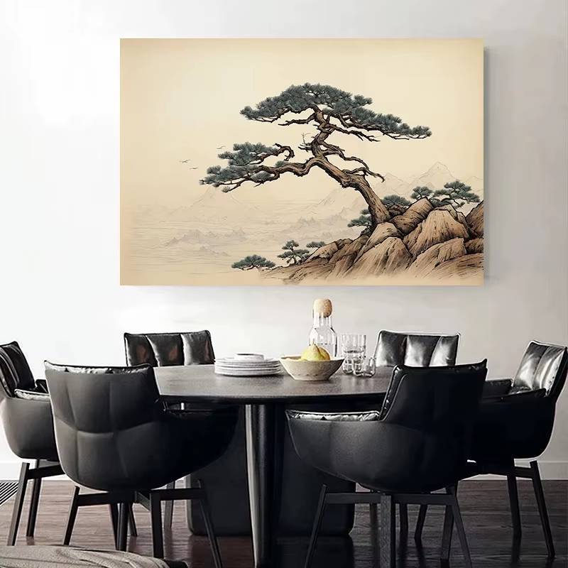 Nhật Bản Zen lấy cảm hứng từ cây thông koi hoàng hôn và chim Poster Không khung Tranh Canvas Trang trí tường nhà thanh lịch