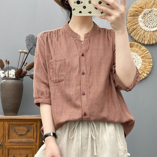 [Hàng có sẵn] Áo sơ mi nữ Cotton Cổ chữ V Kẻ sọc nhỏ tay vừa mùa hè Áo Skinny thường ngày mới