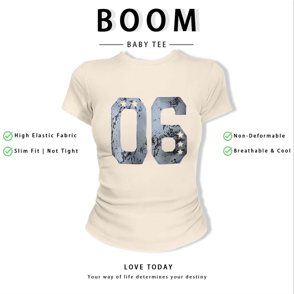 BOOM Áo Baby Tee Nữ Cotton Ôm Body-Áo Thun Ngắn Tay Y2K In Hình PhongCách Mùa Hè, Cổ Tròn Hàng Đầucách hàn quốc phongG19