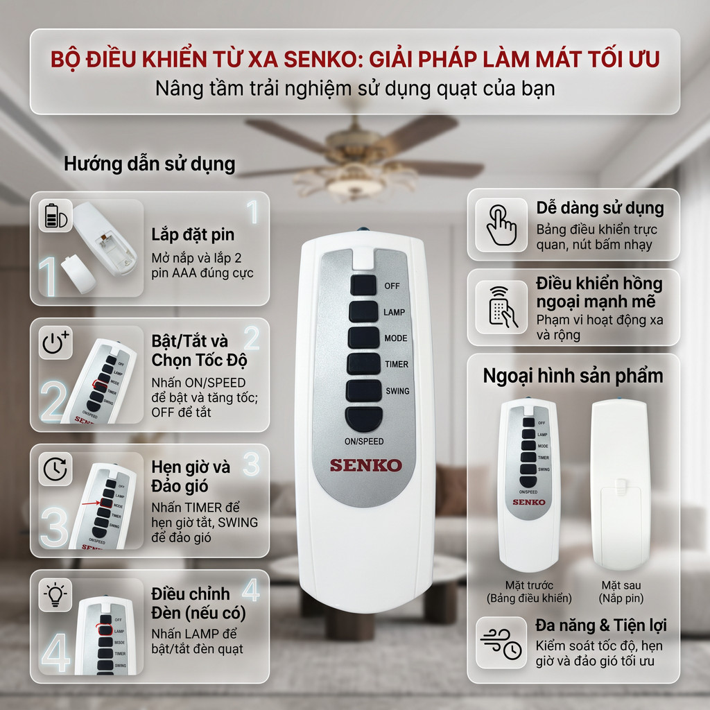 Điều khiển từ xa quạt Senko loại TR-828 chính hãng tặng pin Thay thế remote cũ bị hỏng, mất,Không có pin
