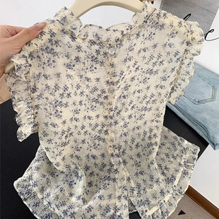 Kích Thước Lớn Có Thể Mặc Hoa Retro Màu Sắc Tương Phản Đơn Giản Hàng Ngày Phong Cách Pháp Nấm Cạnh Áo Sơ Mi Khâu Nhỏ Bay Tay In Hình Top Nữ Mùa Hè Mỏng Phong Cách Hơi Trong Suốt Độc Đáo Đẹp Áo Vest Nhỏ
