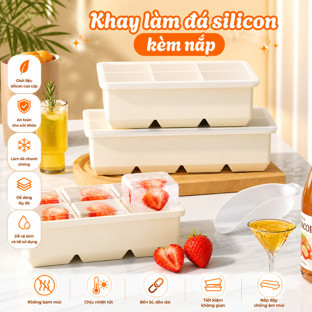 Khuôn Làm Đá Silicone Dễ Lấy Có Nắp Chống Mùi Tủ Lạnh  Khay Đá Viên Dẻo Không Dính, An Toàn Thực Phẩm