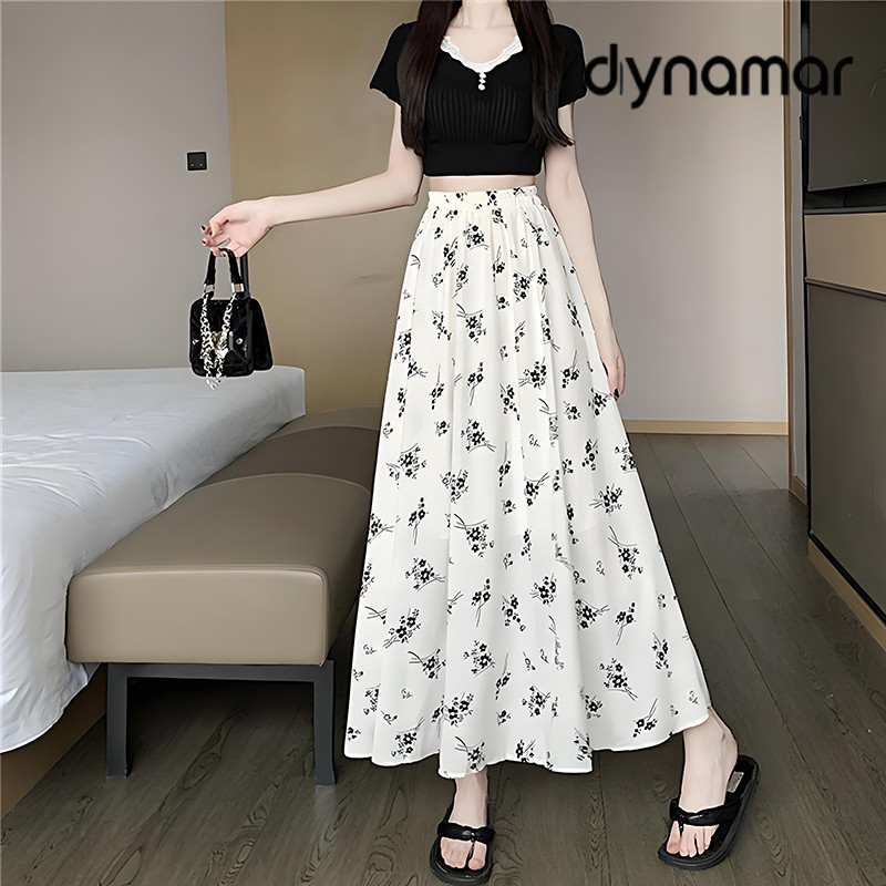 【dynamar】Chân váy cạp cao, chân váy dài in họa tiết hoa, chân váy xòe rộng, dành cho nữ.