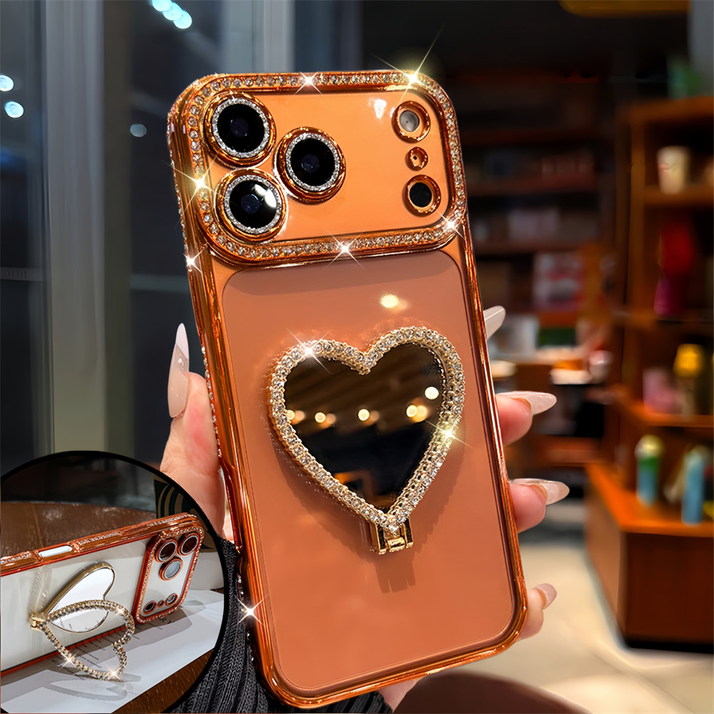 Flash Diamond Love Mirror Stand Ốp Lưng Điện Thoại iPhone 17 Pro Max 16 12 13 14 15 Pro Max Bao Gồm Bảo Vệ Ống Kính Máy Ảnh Vỏ Mềm Vỏ Điện Thoại Vỏ Bảo Vệ