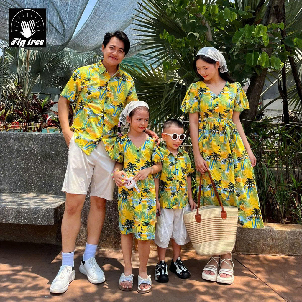 Đồ Gia Đình Đi Biển, Du Lịch Fig Tree, Họa Tiết Cây Dừa Vàng Nổi Bật , Hàng Thiết Kế, MS 193