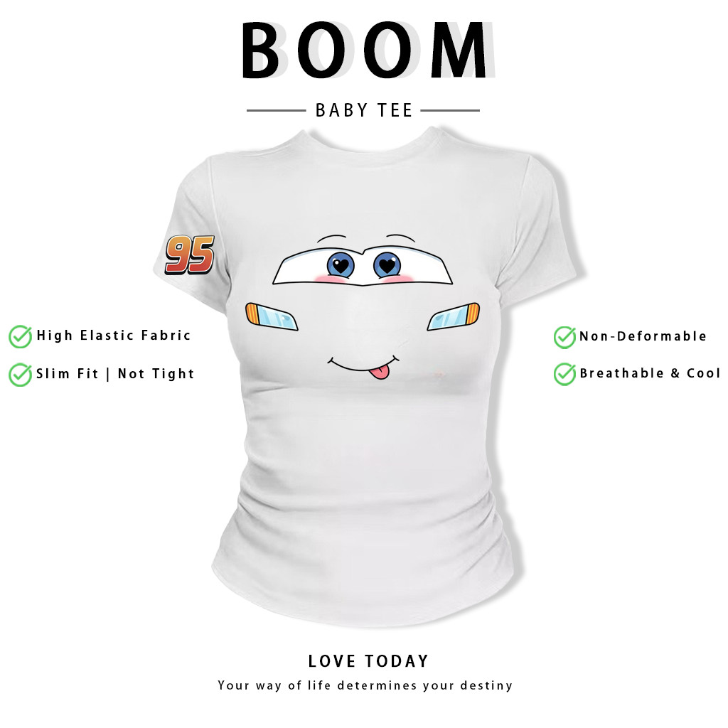 BOOM Áo Baby Tee Nữ Cotton Ôm Body-Áo Thun Ngắn Tay Y2K In Hình PhongCách Mùa Hè, Cổ Tròn Hàng Đầucách hàn quốc phongC12