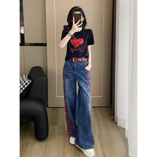 Bộ trang phục mùa hè thời thượng dành cho nữ, áo thun nữ tay ngắn kết hợp với quần jean trẻ trung