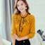 Áo sơ mi nữ tay dài, cổ thắt nơ chắc chắn, thiết kế ruffles ngọt ngào