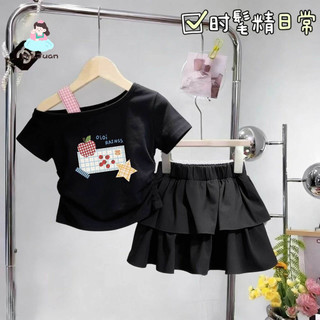 Bộ đồ bé gái lệch vai in hình trái cây - Áo nhún eo váy tầng xếp ngọt ngào năng động