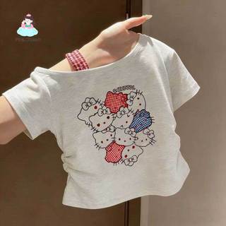 Bộ đồ bé gái lệch vai Hello Kitty - Áo in hình váy tầng xếp siêu dễ thương