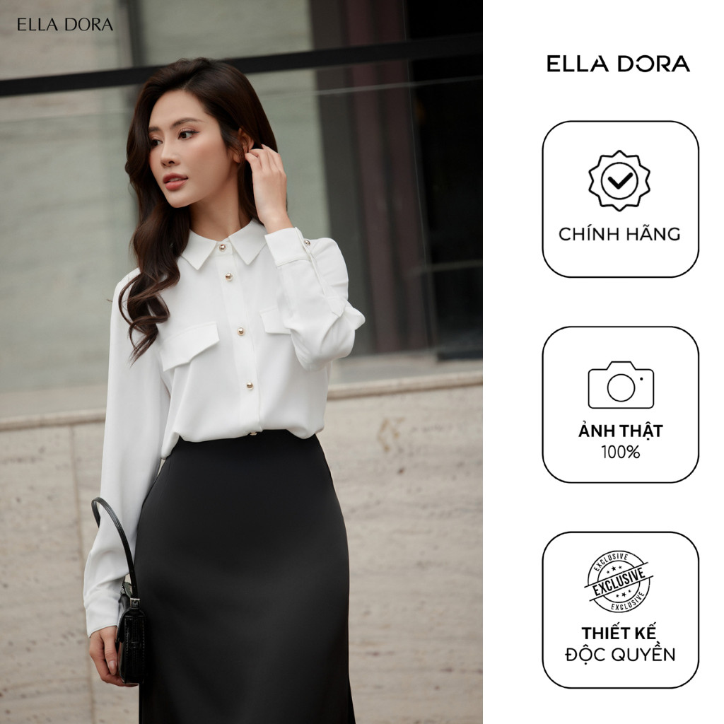 Sơ mi lụa  ELLA DORA thiết kết 2 nắp túi dáng suông công sở thanh lịch 2 màu ĐEN/TRẮNG [SM139]