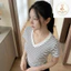 Áo thun Cổ Tim sọc viền nữ chiết eo basic, áo phông nữ ôm body cộc ngắn tay vải cao cấp co giãn A006