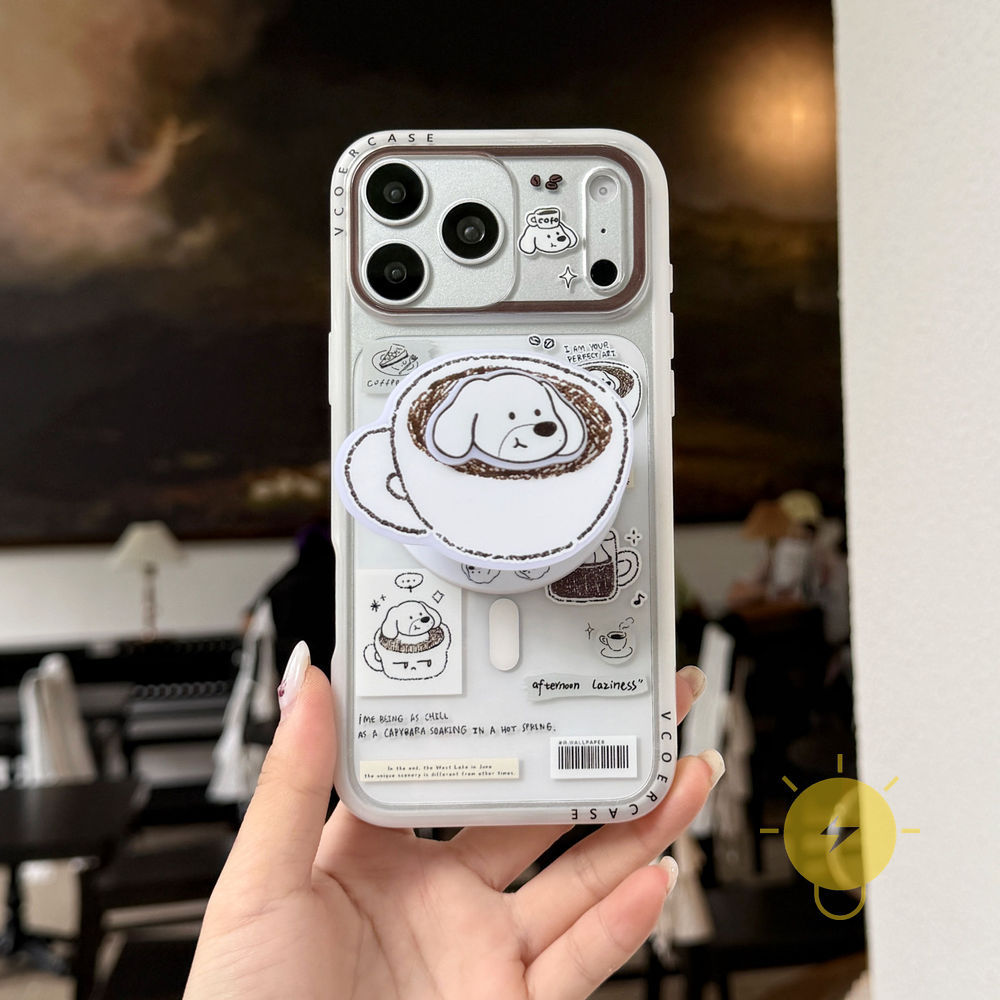 Phone Case For iPhone 17 Pro Max 16 15 with Griptok TPU INS Magnetic Transparent Dog Coffee Aesthetic Korean Cute