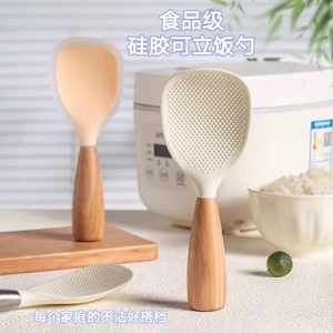Hộ Gia Đình Nhà Bếp Thực Phẩm Silicon Thìa Cơm Tay Cầm Bằng Gỗ Cốc Treo Dọc Thìa Cơm Chịu Nhiệt Độ Cao Chống Dính O76K