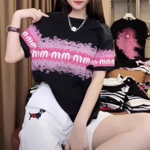 In chữ nhuộm cà vạt mùa hè mới cotton tay ngắn vai trước giảm béo Áo thun cổ tròn thông thường dành cho nữ