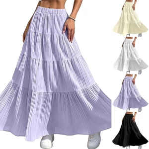 Váy Maxi Trắng Chảy Ruffle Nữ Eo Co Giãn Váy Dài Chữ A