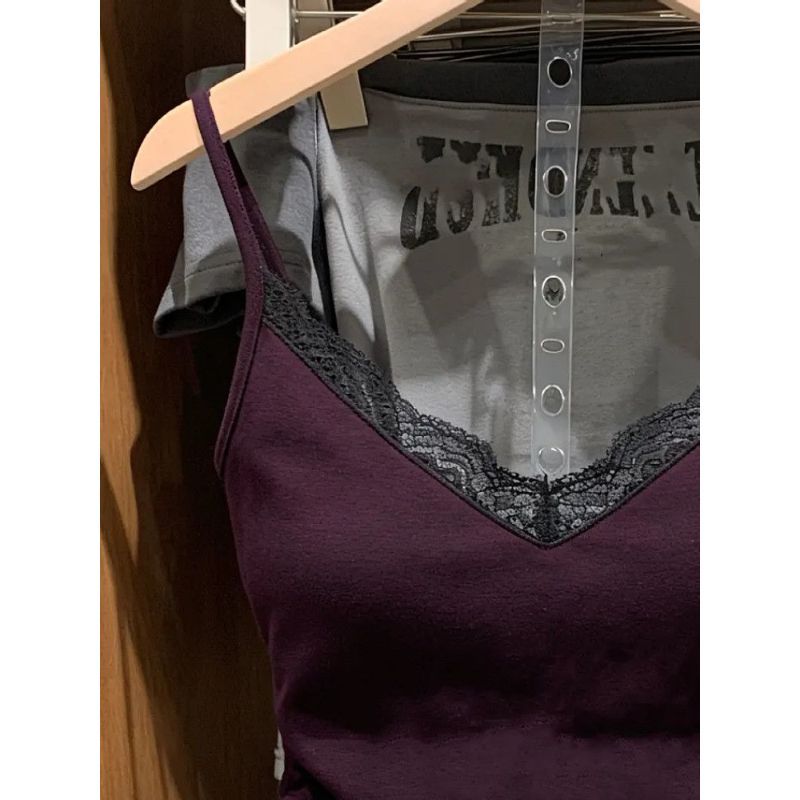 [Khuyến mãi trong thời gian có hạn] Dây đeo ren cổ chữ V có đệm ngực cho nữ Skinny Slimer Look Hot Girl Style Thiết kế bên trong Cảm giác mặc bên ngoài Áo ngắn