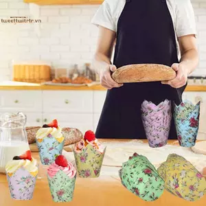 TRTR 50 Chiếc Họa Tiết Hoa Tulip Muffin Cupcake Cốc Giấy Chống Dầu Cupcake Lót Nướng Muffin Cốc Đựng Bánh Dụng Cụ Trang Trí Muffin Bọc Trường Hợp VN