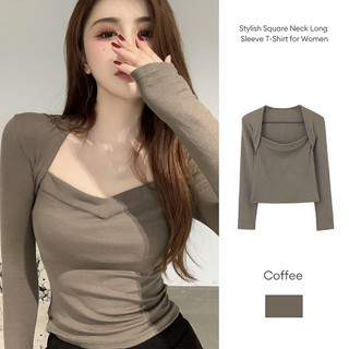 Áo thun nữ tay dài cổ vuông thời trang, ôm sát, gợi cảm