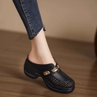 Giày Cao Gót Nữ Mũi Vuông Dày Gót Slip-On Rỗng