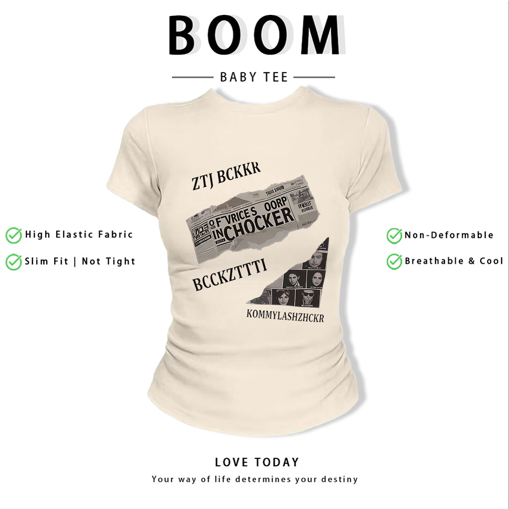 BOOM Áo Baby Tee Nữ Cotton Ôm Body-Áo Thun Ngắn Tay Y2K In Hình PhongCách Mùa Hè, Cổ Tròn Hàng Đầucách hàn quốc phongV98