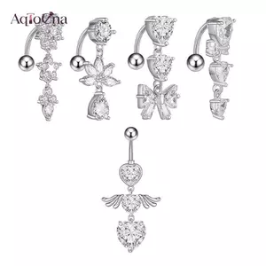 AqToCna 1 Cái Ngược Dangel Bụng Nút Xuyên Cho Nữ Thép Trái Tim Có Cánh Hoa Rốn Nhẫn Thời Trang Cơ Thể Trang Sức AqToCna