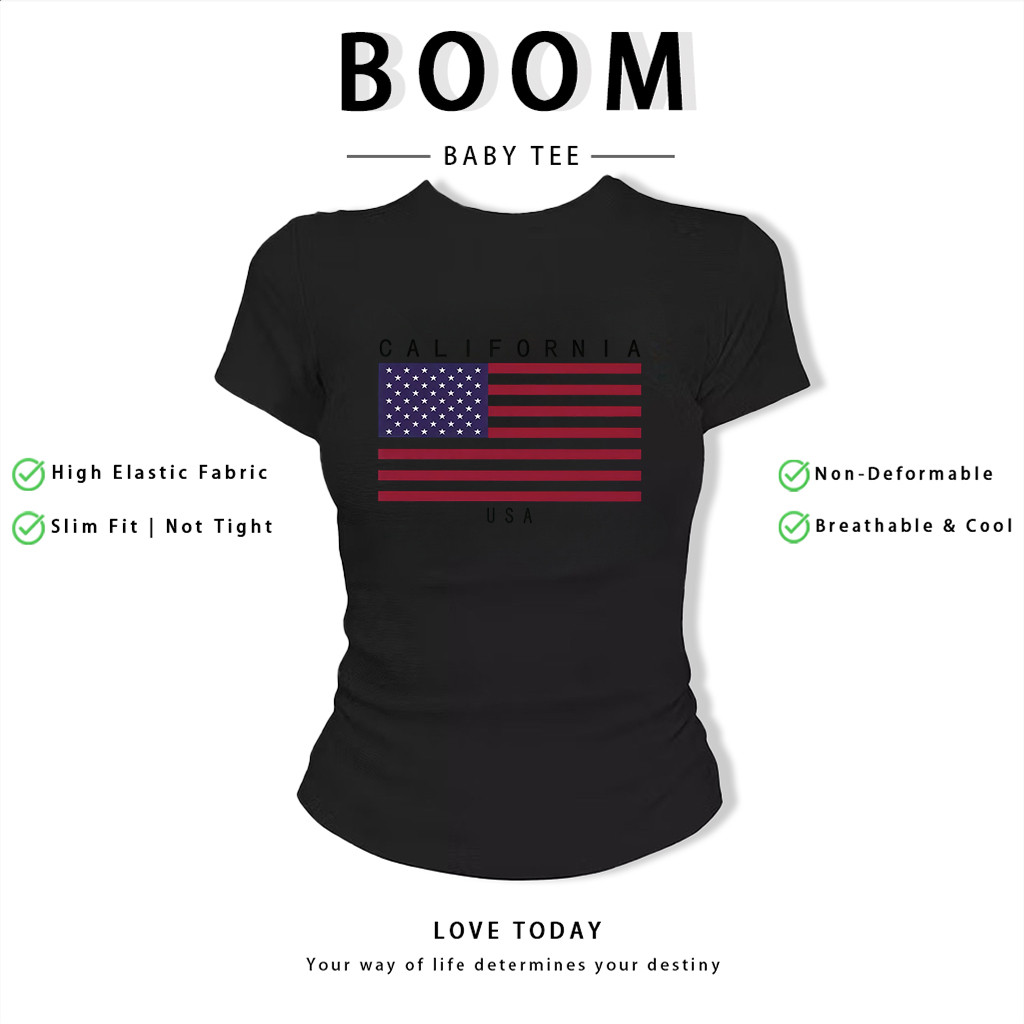 BOOM Áo Baby Tee Nữ Cotton Ôm Body-Áo Thun Ngắn Tay Y2K In Hình PhongCách Mùa Hè, Cổ Tròn Hàng Đầucách hàn quốc phongG54