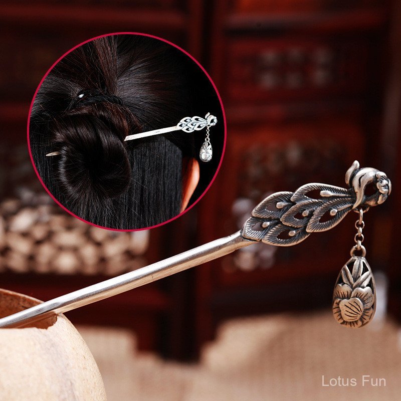 Thái Bạc Phượng Hoàng Mặc Hoa Mẫu Đơn Kẹp Tóc Phong Cách Dân Tộc Con Công Tua Rua Trung Quốc Cổ Điển Cung Điện Hoa Mẫu Đơn Cuộn Bun Mũ Đội Đầu