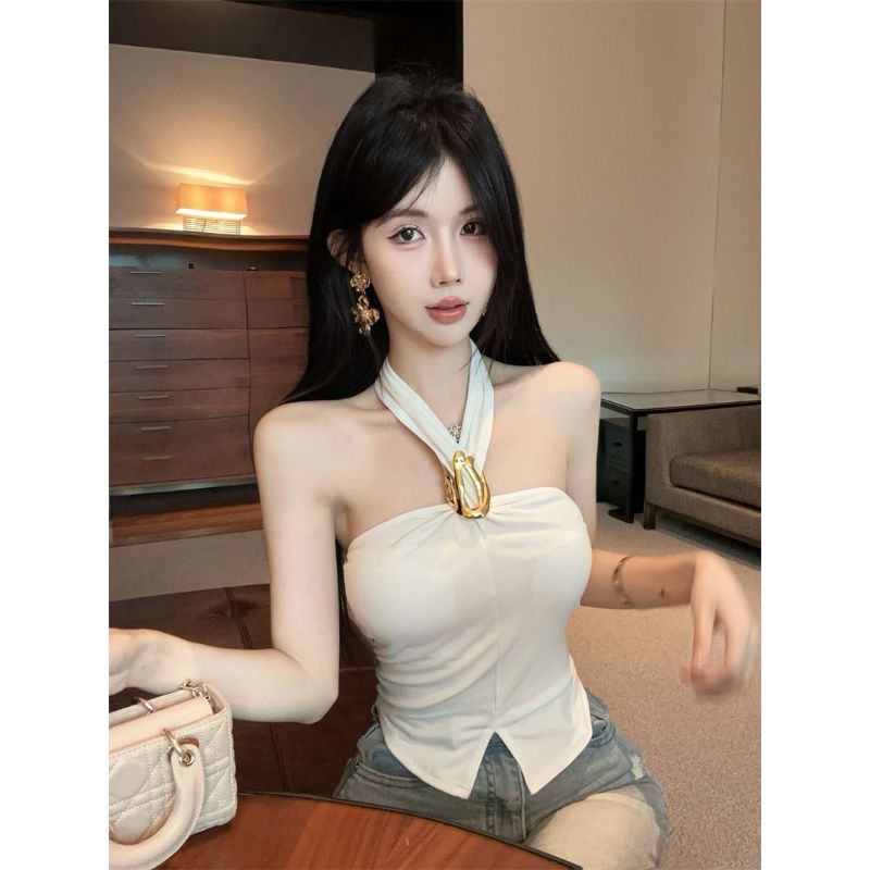 Người Nổi Tiếng Sang Trọng Khóa Kim Loại Dây Camisole Nữ Mùa Hè Nóng Cô Gái Dây Gợi Cảm Mỏng Phù Hợp Với Khe Ống Top