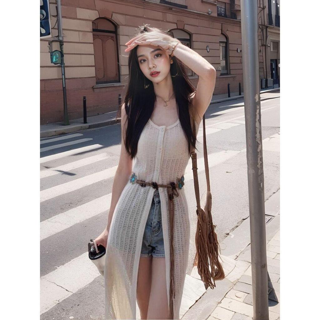 [Thời gian có hạn Seckill] Váy Cardigan dài dệt kim rỗng phong cách nghỉ mát dành cho nữ Mùa hè Phong cách mới nhiều lớp Váy Vest không tay Váy dài