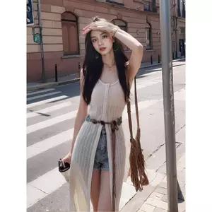 Váy Cardigan dài dệt kim rỗng phong cách nghỉ mát dành cho nữ Mùa hè Phong cách mới nhiều lớp Váy Vest không tay Váy dài