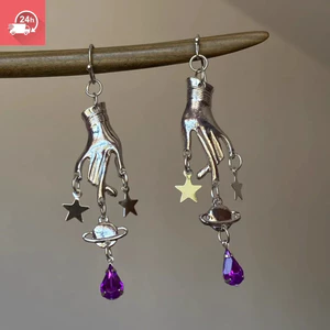 Mặt dây chuyền pentagram tay ma thuật màu tím khí chất cổ điển với bông tai nữ đa năng cá tính