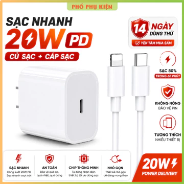 Bộ sạc nhanh 20W (củ sạc + cáp sạc) cho 8 - 14PRM. Sạc 60p lên đến 80% Pin. Củ sạc type C, Dây sạc 20W sạc siêu nhanh
