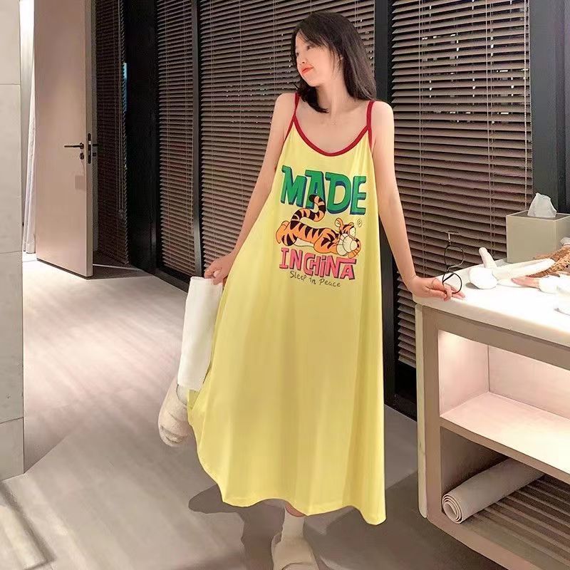 Không Tay Hoạt Hình Dễ Thương In Hình Sling Váy Ngủ Nữ Mùa Hè Rời Kích Thước Lớn Béo MM Mặc Bên Ngoài Over-the-Knee Loungewear