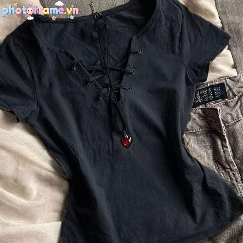 Áo Thun Nữ Phong Cách Y2K Ren-Up, Tay Ngắn Slim, Xu Hướng Thời Trang Mới