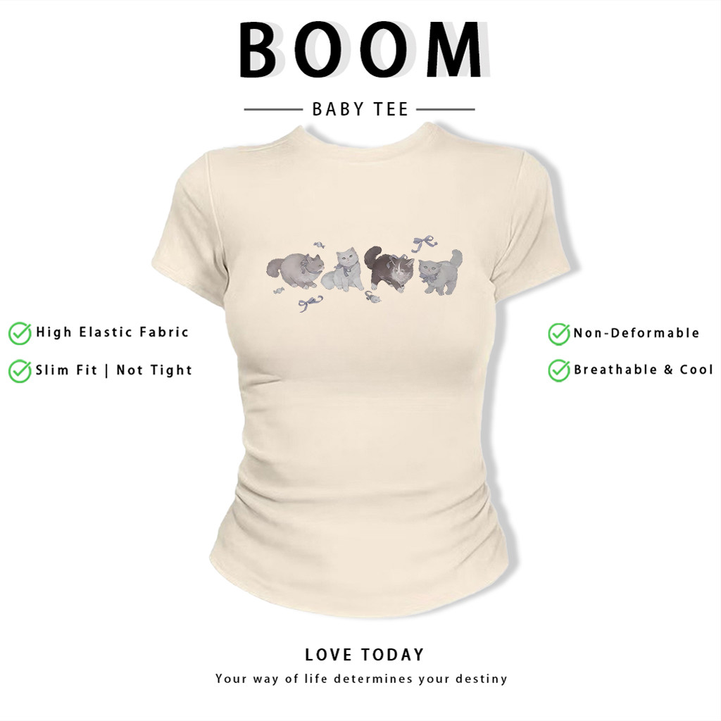 BOOM Áo Baby Tee Nữ Cotton Ôm Body-Áo Thun Ngắn Tay Y2K In Hình PhongCách Mùa Hè, Cổ Tròn Hàng Đầucách hàn quốc phongR66